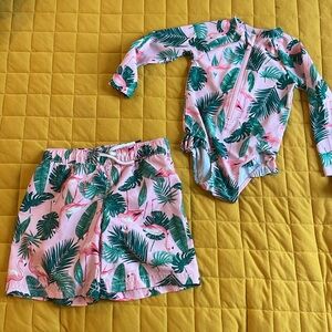 Tropical Pink Flamingo Girls One Piece Swim Suit